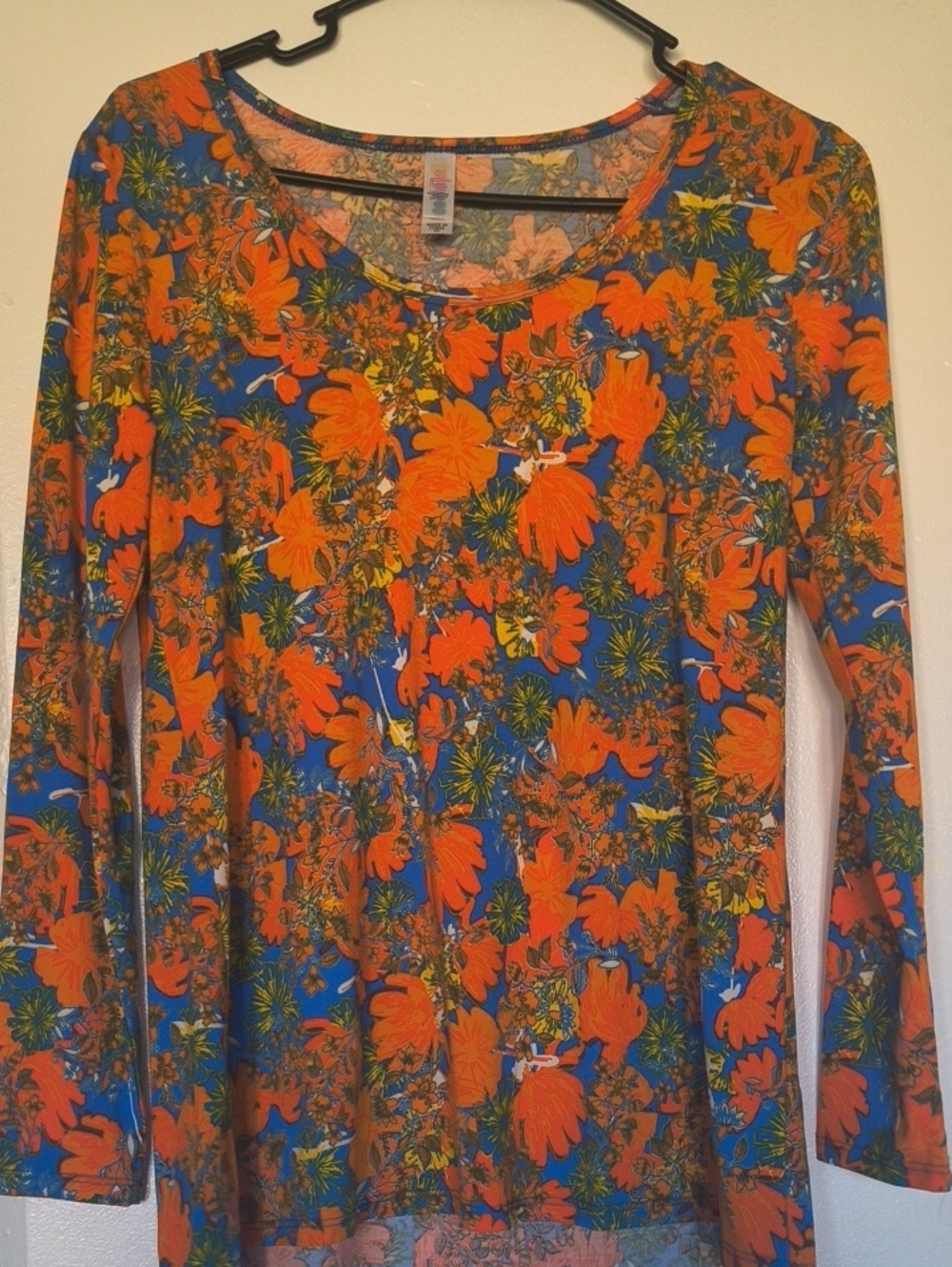 LuLaRoe Orange & Blue Floral Long Sleeve Scoop Neck Top